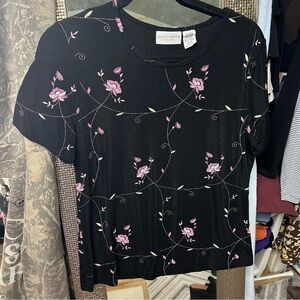 Jaclyn Smith Black Short-Sleeve Top with Pink Floral Embroidery